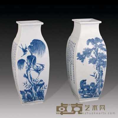 清 青花花鸟诗文方瓶（2件） 高44cm